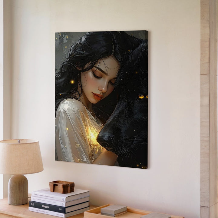 Wolf Whisperer Canvas – Mystical Woman and Black Wolf Bond Wall Art - Gifitto