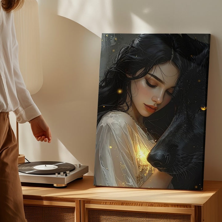 Wolf Whisperer Canvas – Mystical Woman and Black Wolf Bond Wall Art - Gifitto