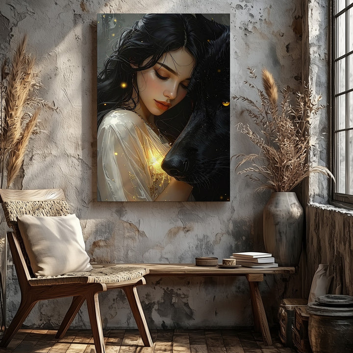 Wolf Whisperer Canvas – Mystical Woman and Black Wolf Bond Wall Art - Gifitto