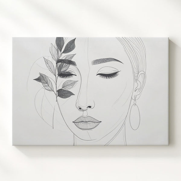 One-Line Feminine Portrait Canvas – Minimalist Face with Leaf Accent - Gifitto