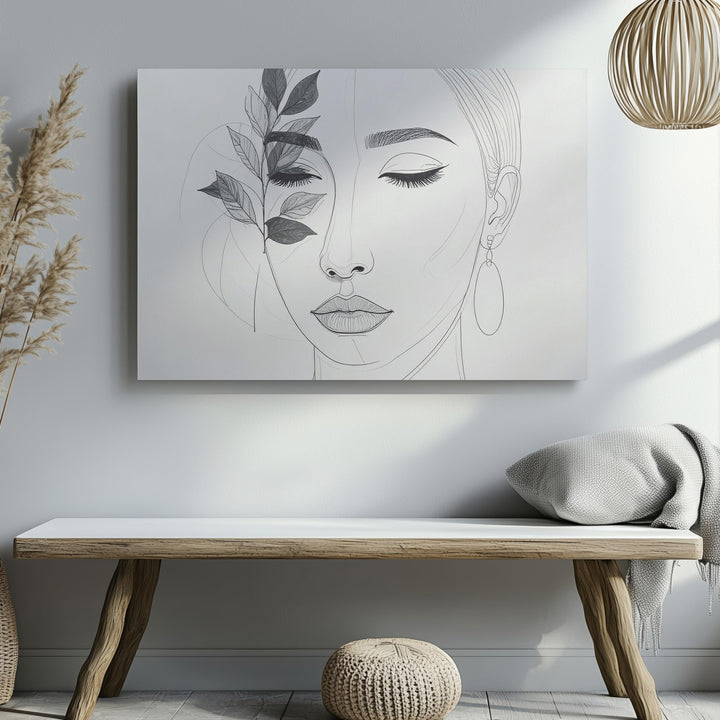 One-Line Feminine Portrait Canvas – Minimalist Face with Leaf Accent - Gifitto