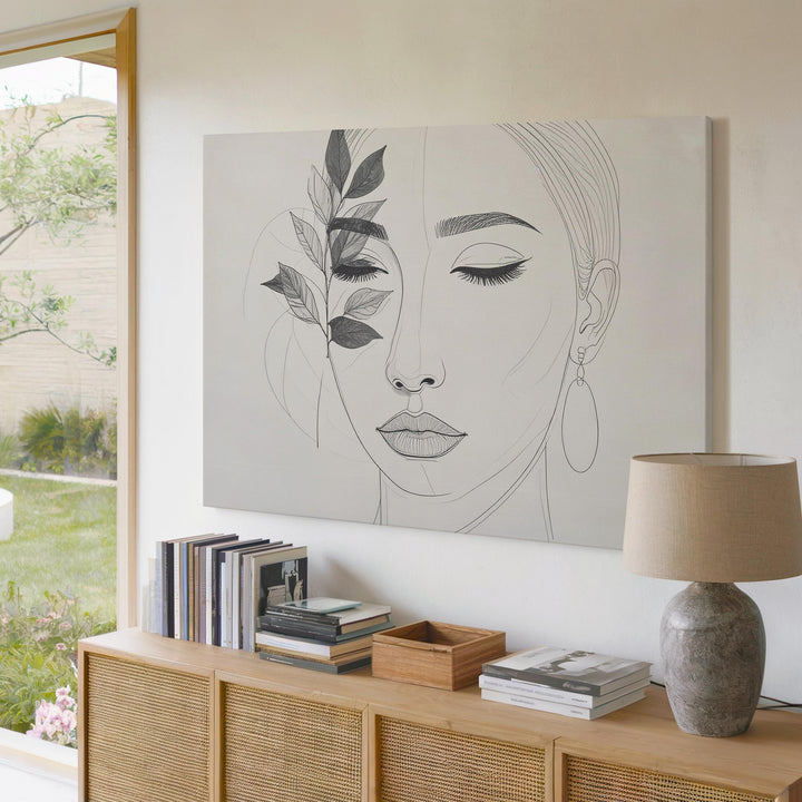 One-Line Feminine Portrait Canvas – Minimalist Face with Leaf Accent - Gifitto