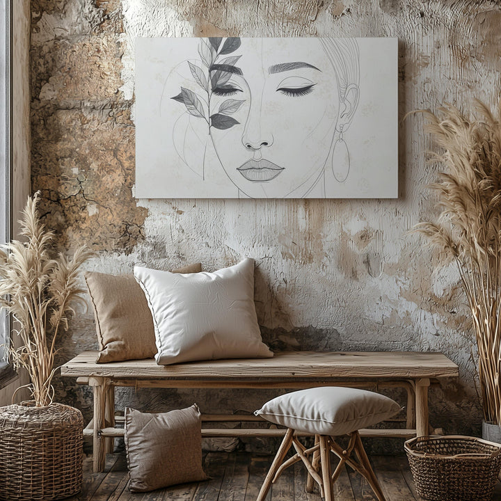 One-Line Feminine Portrait Canvas – Minimalist Face with Leaf Accent - Gifitto