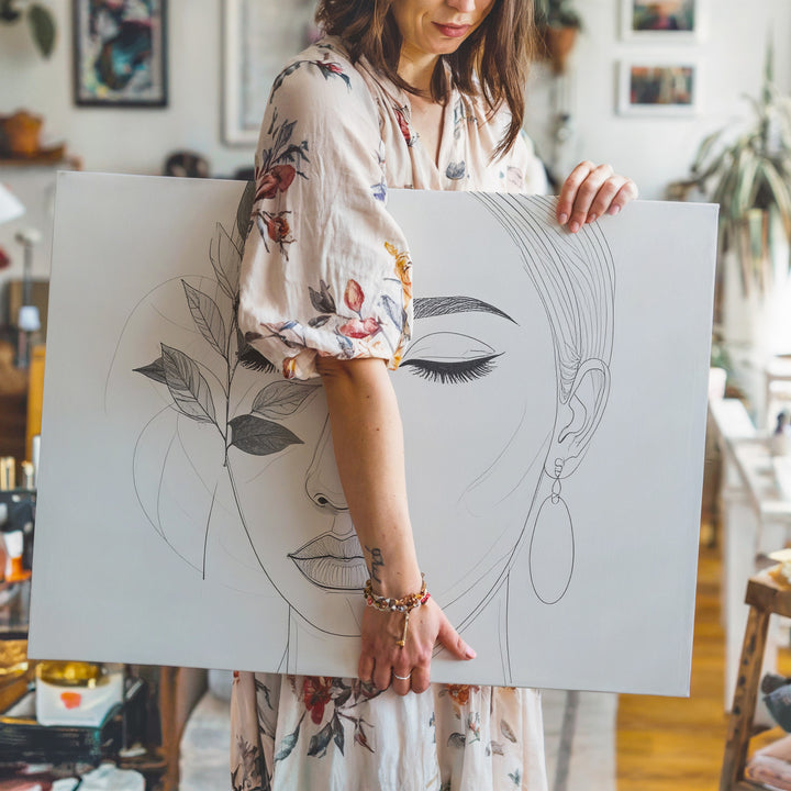 One-Line Feminine Portrait Canvas – Minimalist Face with Leaf Accent - Gifitto