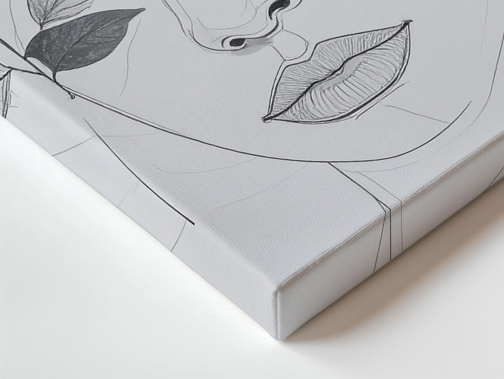 One-Line Feminine Portrait Canvas – Minimalist Face with Leaf Accent - Gifitto