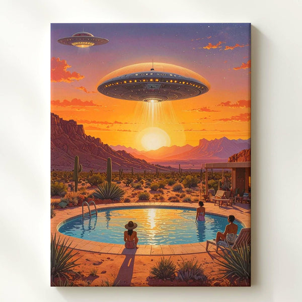 Desert UFO Encounter Canvas – Sunset, Flying Saucer & Poolside Awe Art - Gifitto
