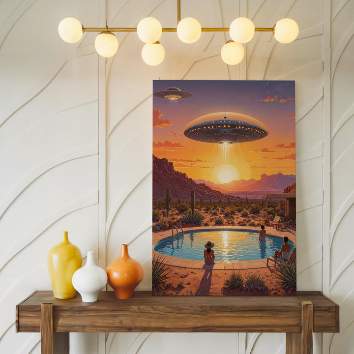 Desert UFO Encounter Canvas – Sunset, Flying Saucer & Poolside Awe Art - Gifitto