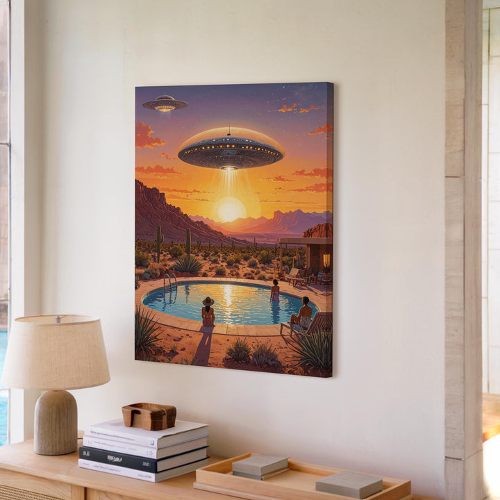 Desert UFO Encounter Canvas – Sunset, Flying Saucer & Poolside Awe Art - Gifitto
