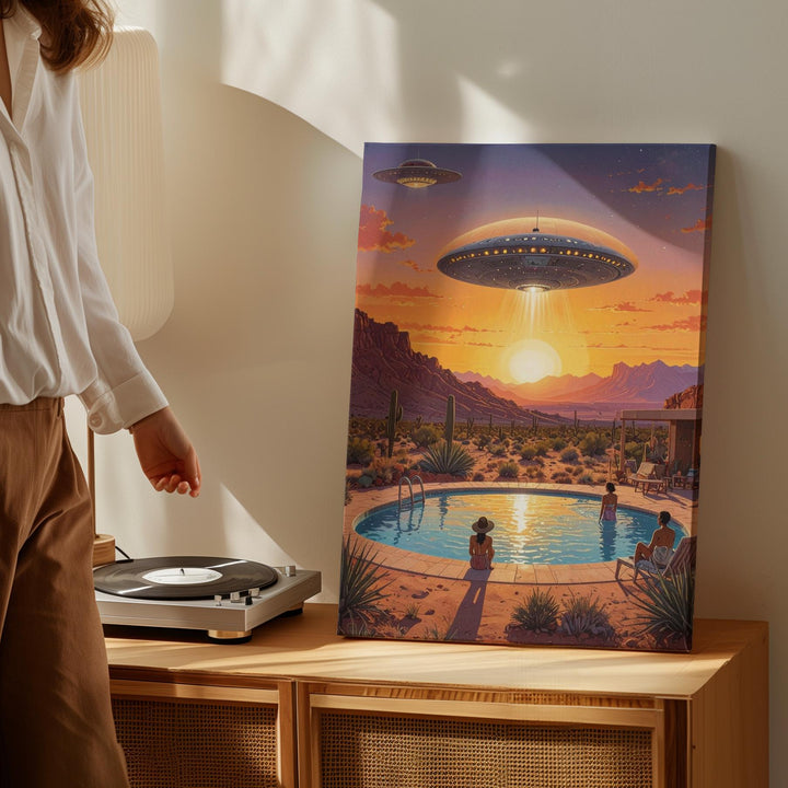 Desert UFO Encounter Canvas – Sunset, Flying Saucer & Poolside Awe Art - Gifitto