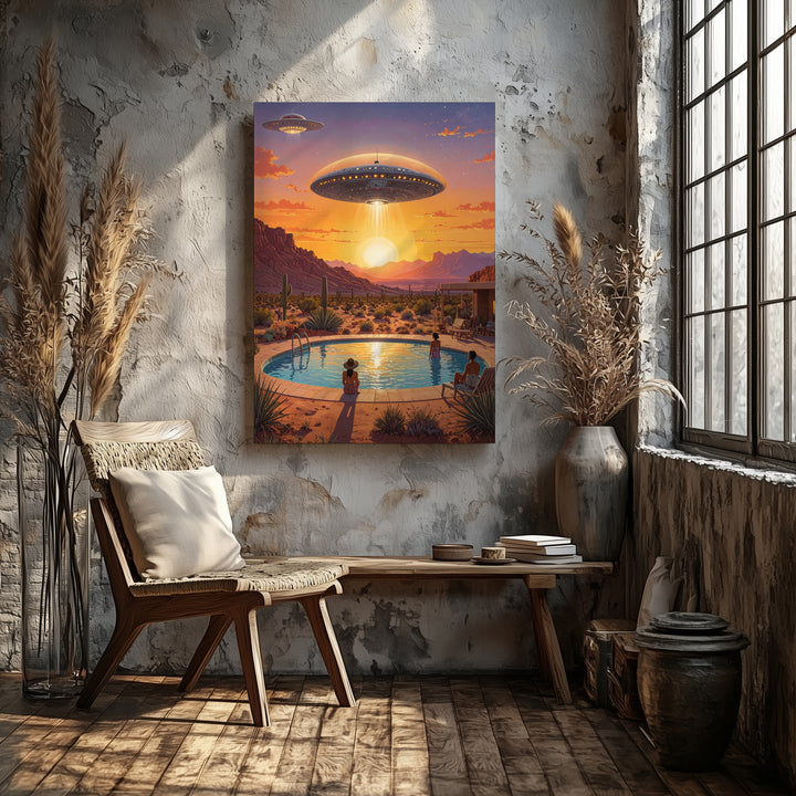 Desert UFO Encounter Canvas – Sunset, Flying Saucer & Poolside Awe Art - Gifitto