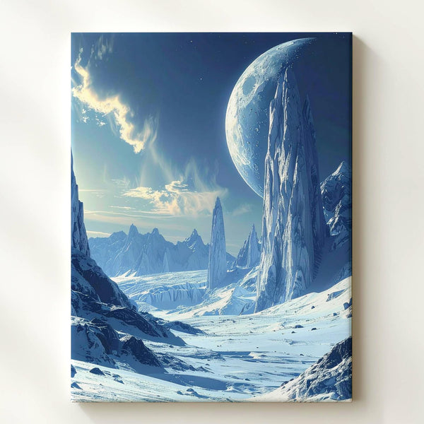 Frozen Alien Landscape Canvas – Icy Mountains, Glaciers & Cosmic Glow Art - Gifitto