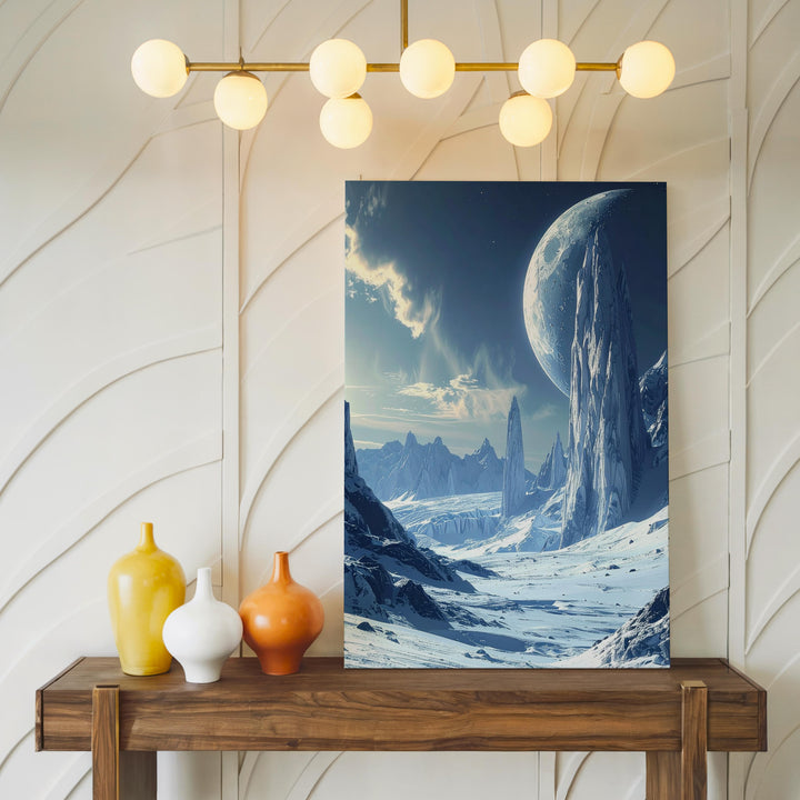 Frozen Alien Landscape Canvas – Icy Mountains, Glaciers & Cosmic Glow Art - Gifitto