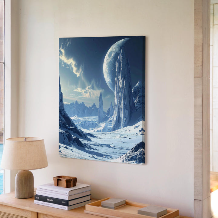 Frozen Alien Landscape Canvas – Icy Mountains, Glaciers & Cosmic Glow Art - Gifitto