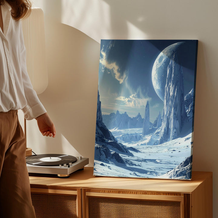 Frozen Alien Landscape Canvas – Icy Mountains, Glaciers & Cosmic Glow Art - Gifitto