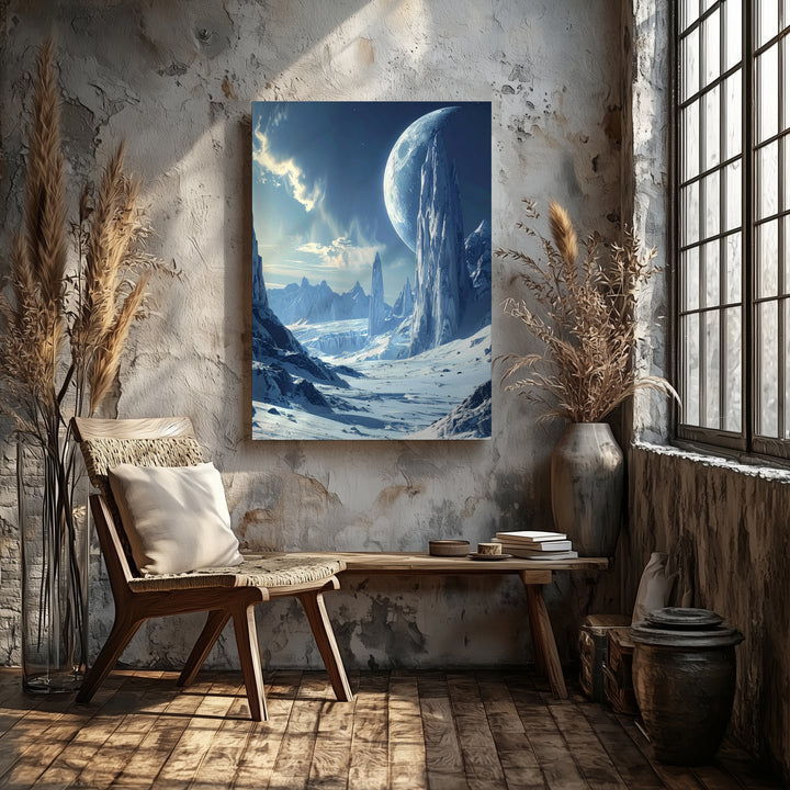 Frozen Alien Landscape Canvas – Icy Mountains, Glaciers & Cosmic Glow Art - Gifitto