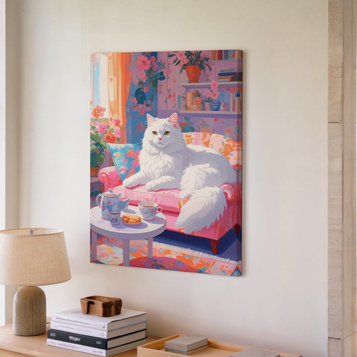 Floral Lounge Cat Canvas – Cozy Decorative Living Room Wall Art - Gifitto