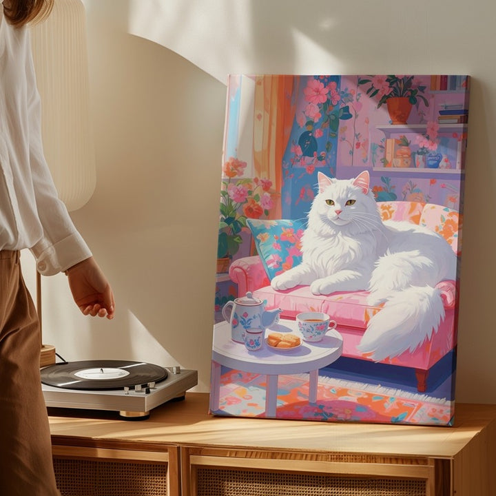 Floral Lounge Cat Canvas – Cozy Decorative Living Room Wall Art - Gifitto