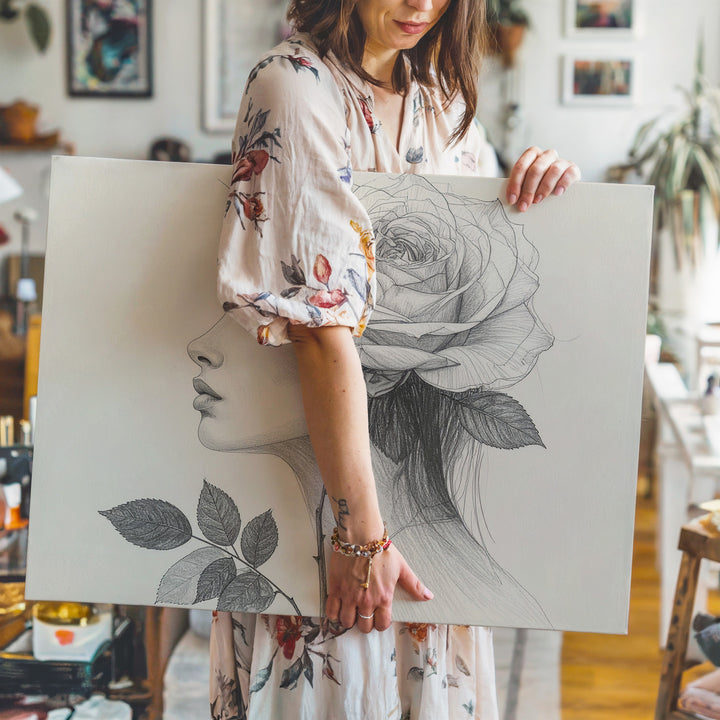 Floral Muse Canvas – Minimalist Woman & Rose Line Art - Gifitto