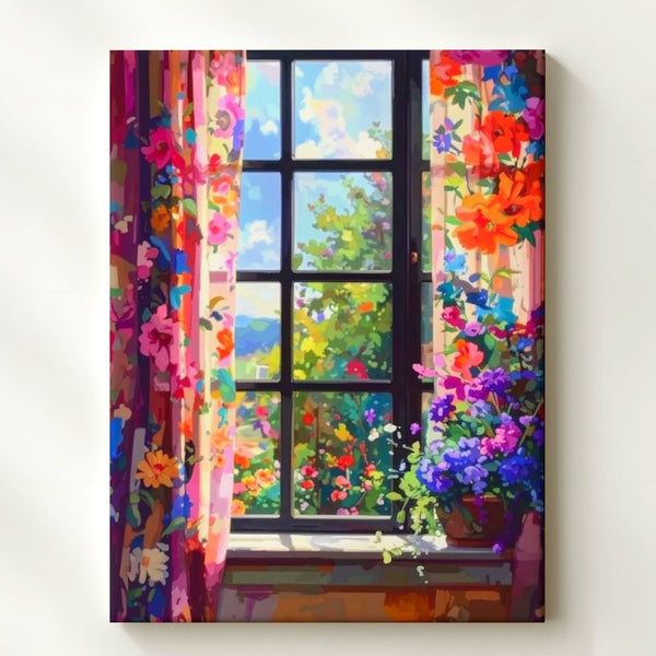 Botanical Window View Canvas – Dreamy Floral Curtains & Garden Scene - Gifitto
