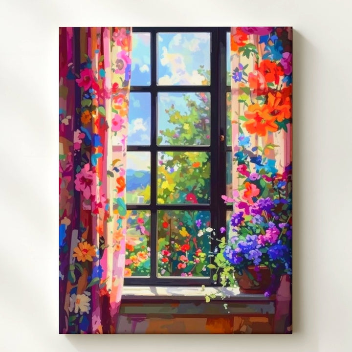 Botanical Window View Canvas – Dreamy Floral Curtains & Garden Scene - Gifitto
