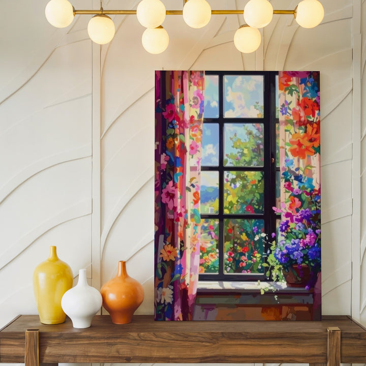 Botanical Window View Canvas – Dreamy Floral Curtains & Garden Scene - Gifitto
