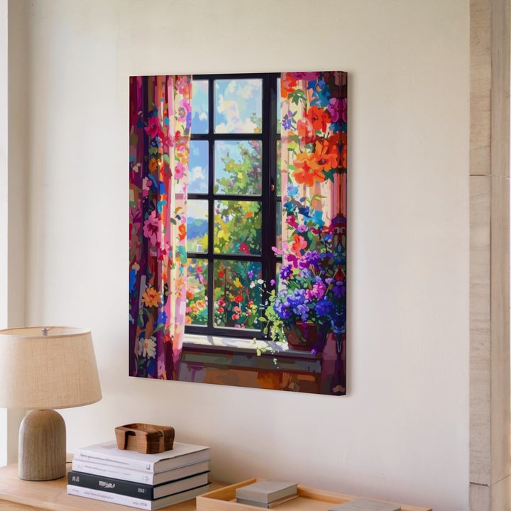 Botanical Window View Canvas – Dreamy Floral Curtains & Garden Scene - Gifitto