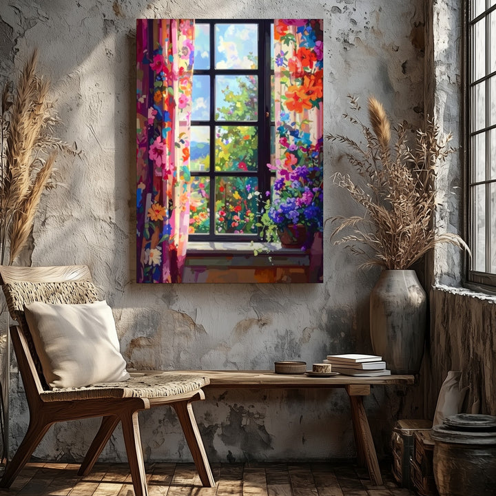 Botanical Window View Canvas – Dreamy Floral Curtains & Garden Scene - Gifitto
