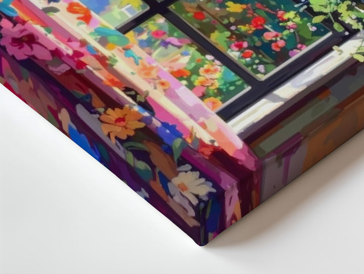 Botanical Window View Canvas – Dreamy Floral Curtains & Garden Scene - Gifitto