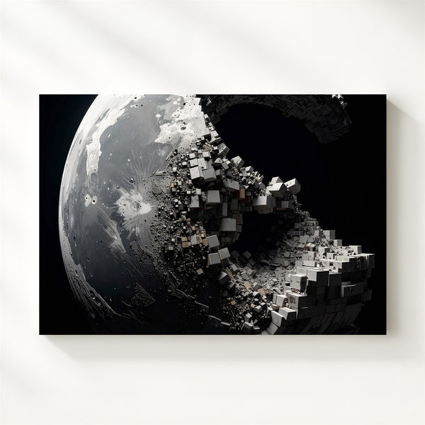 Crumbling Moon Canvas – Dystopian 3D Lunar Sculpture with Geometric Decay - Gifitto