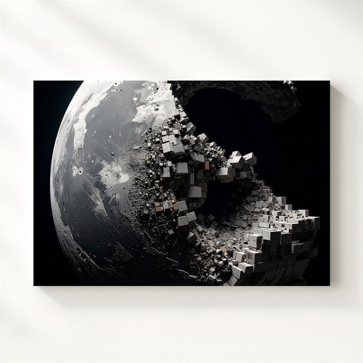 Crumbling Moon Canvas – Dystopian 3D Lunar Sculpture with Geometric Decay - Gifitto