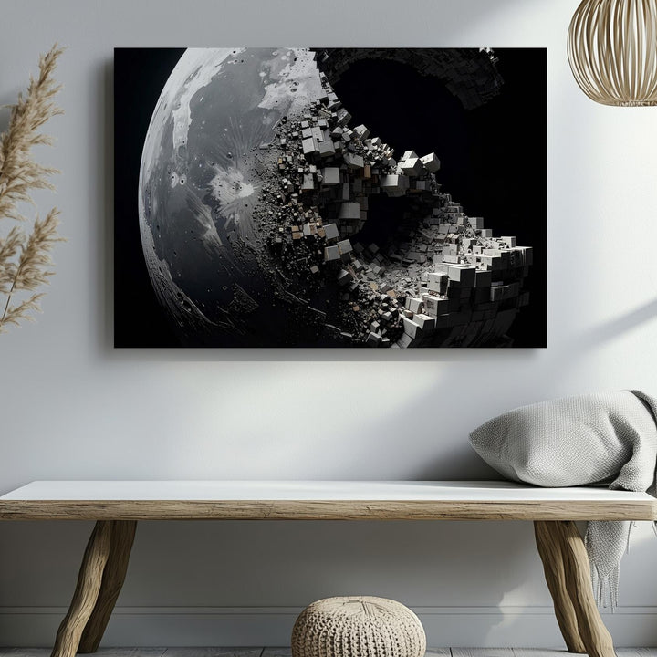 Crumbling Moon Canvas – Dystopian 3D Lunar Sculpture with Geometric Decay - Gifitto