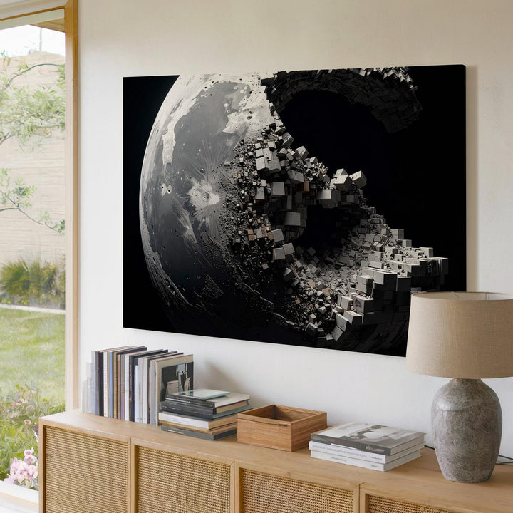 Crumbling Moon Canvas – Dystopian 3D Lunar Sculpture with Geometric Decay - Gifitto