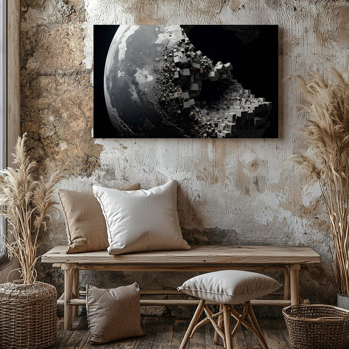 Crumbling Moon Canvas – Dystopian 3D Lunar Sculpture with Geometric Decay - Gifitto