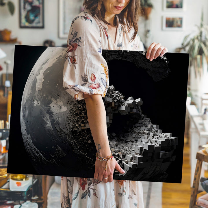 Crumbling Moon Canvas – Dystopian 3D Lunar Sculpture with Geometric Decay - Gifitto