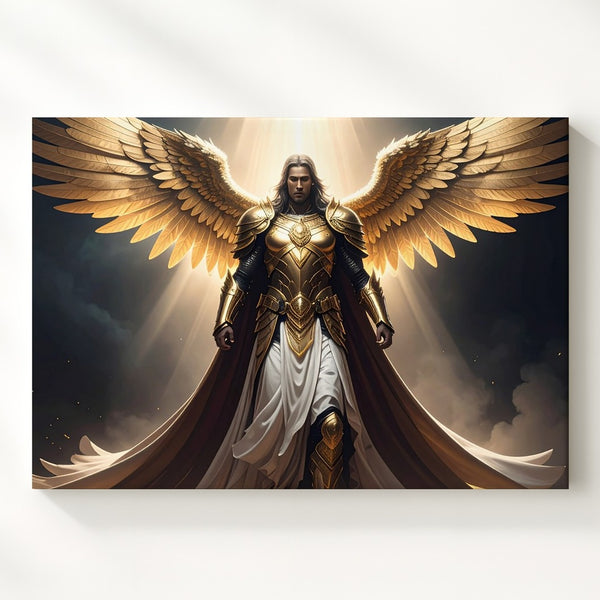 Divine Guardian Canvas – Majestic Angelic Figure with Golden Wings Wall Art - Gifitto