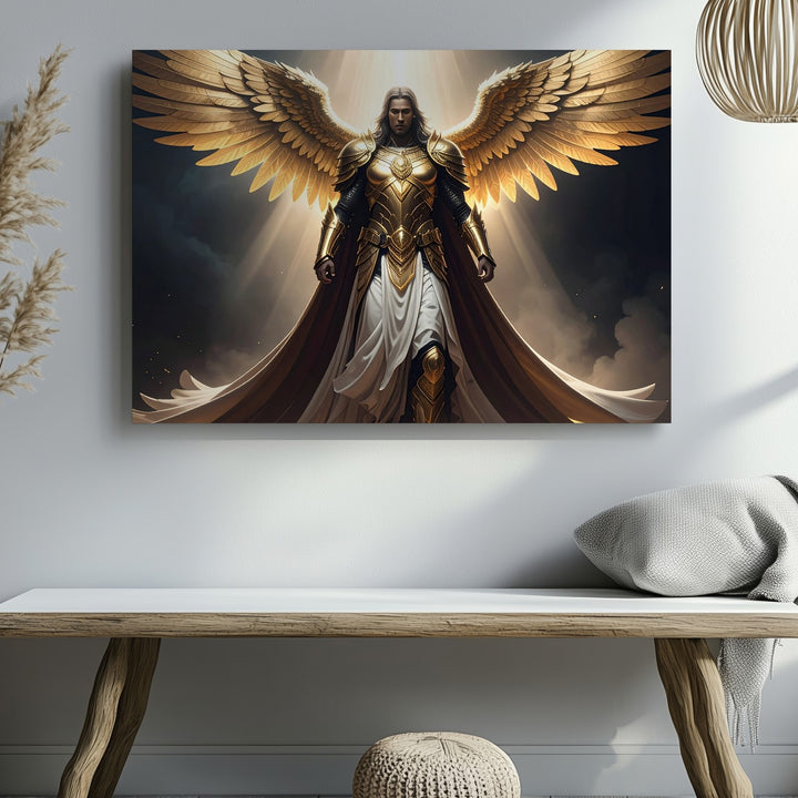Divine Guardian Canvas – Majestic Angelic Figure with Golden Wings Wall Art - Gifitto