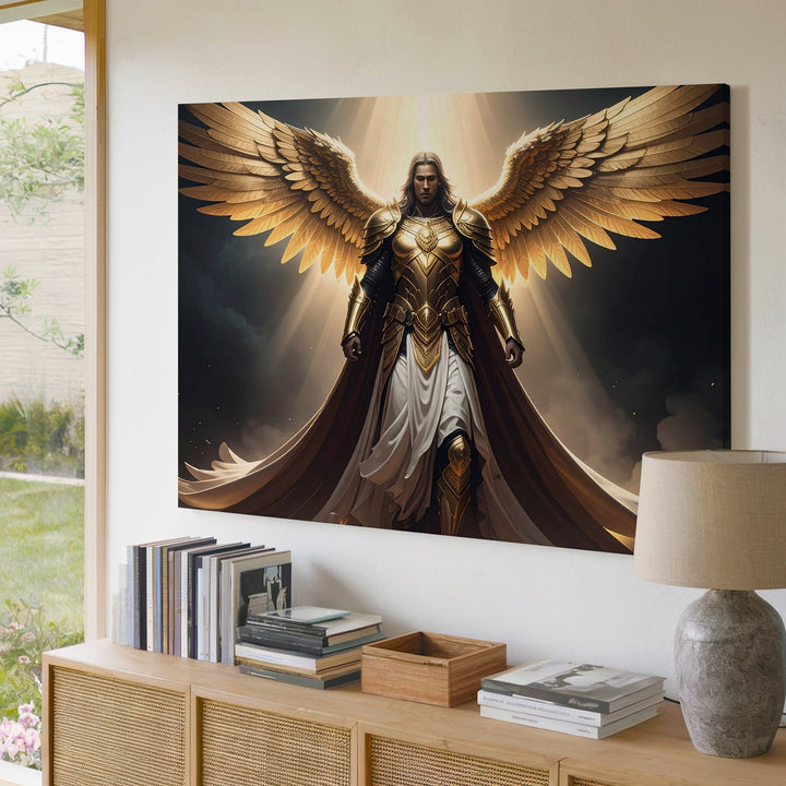 Divine Guardian Canvas – Majestic Angelic Figure with Golden Wings Wall Art - Gifitto