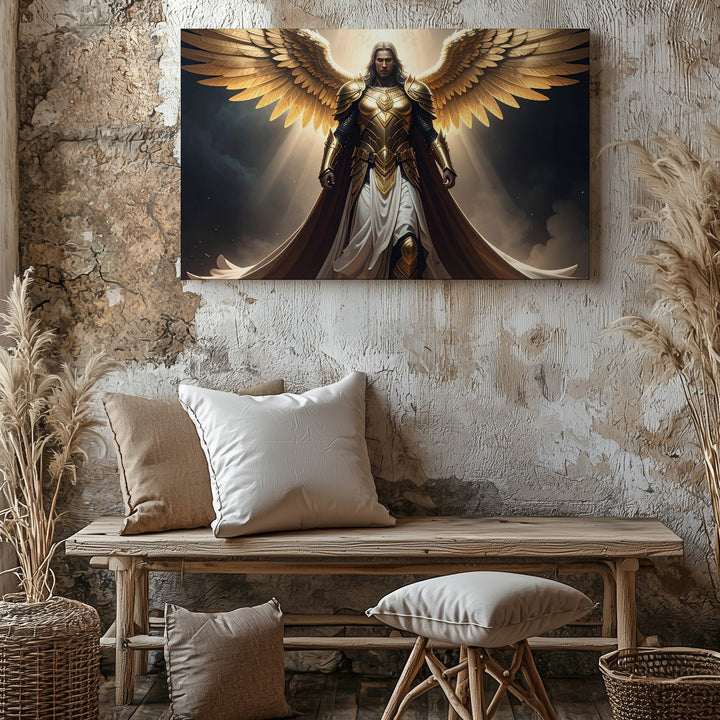 Divine Guardian Canvas – Majestic Angelic Figure with Golden Wings Wall Art - Gifitto