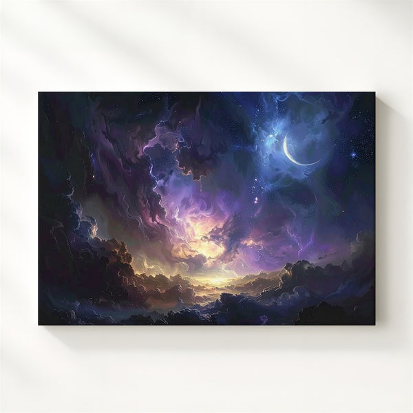 Heavenly Veil Canvas – Cinematic Cosmic Sky with Crescent Moon & Celestial Clouds - Gifitto