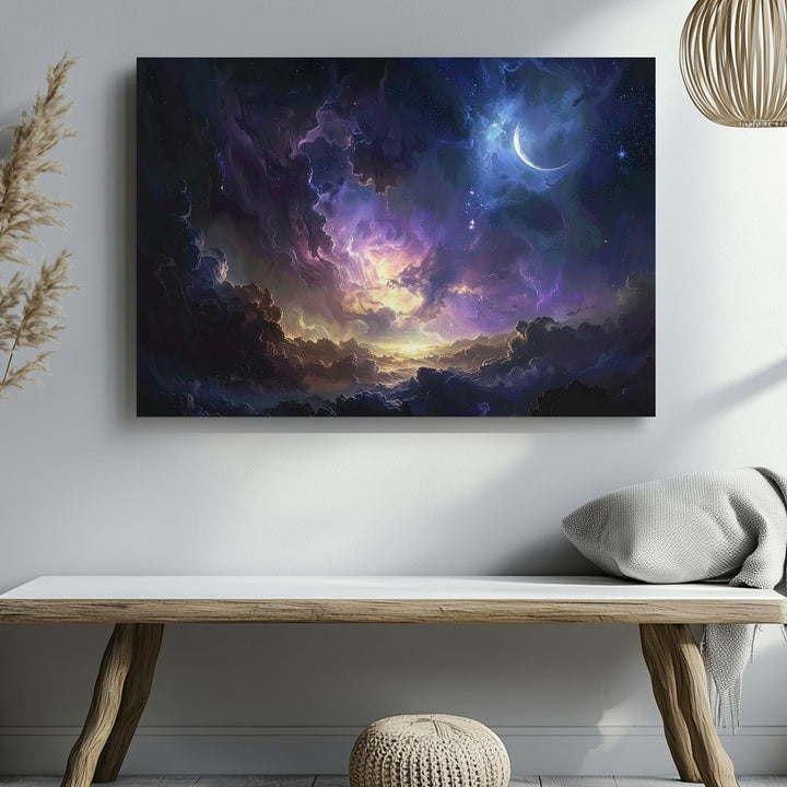 Heavenly Veil Canvas – Cinematic Cosmic Sky with Crescent Moon & Celestial Clouds - Gifitto