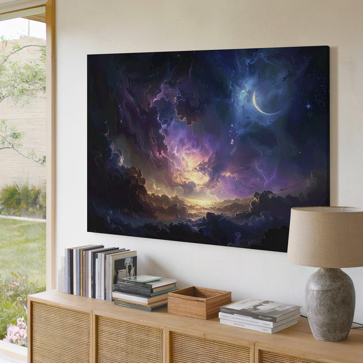 Heavenly Veil Canvas – Cinematic Cosmic Sky with Crescent Moon & Celestial Clouds - Gifitto