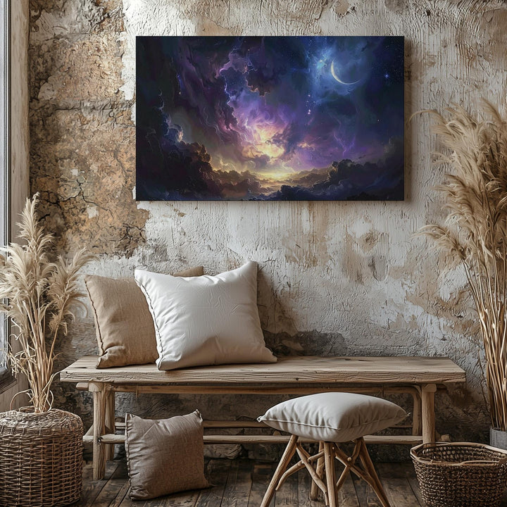 Heavenly Veil Canvas – Cinematic Cosmic Sky with Crescent Moon & Celestial Clouds - Gifitto