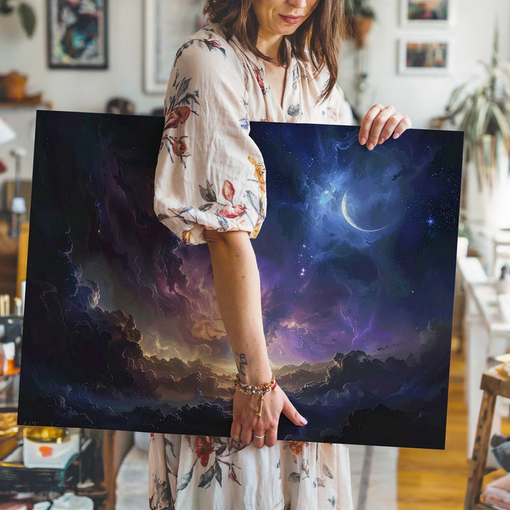 Heavenly Veil Canvas – Cinematic Cosmic Sky with Crescent Moon & Celestial Clouds - Gifitto