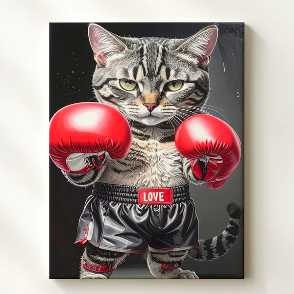 Boxer Cat Canvas – Funny Gray Tabby in Red Gloves Wall Art - Gifitto