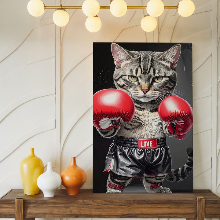 Boxer Cat Canvas – Funny Gray Tabby in Red Gloves Wall Art - Gifitto