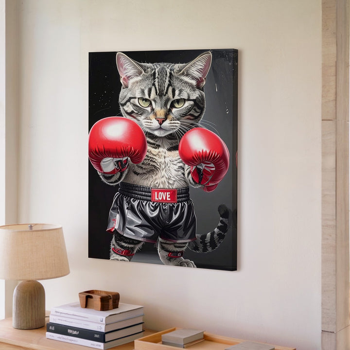 Boxer Cat Canvas – Funny Gray Tabby in Red Gloves Wall Art - Gifitto
