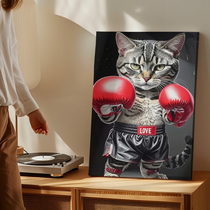 Boxer Cat Canvas – Funny Gray Tabby in Red Gloves Wall Art - Gifitto