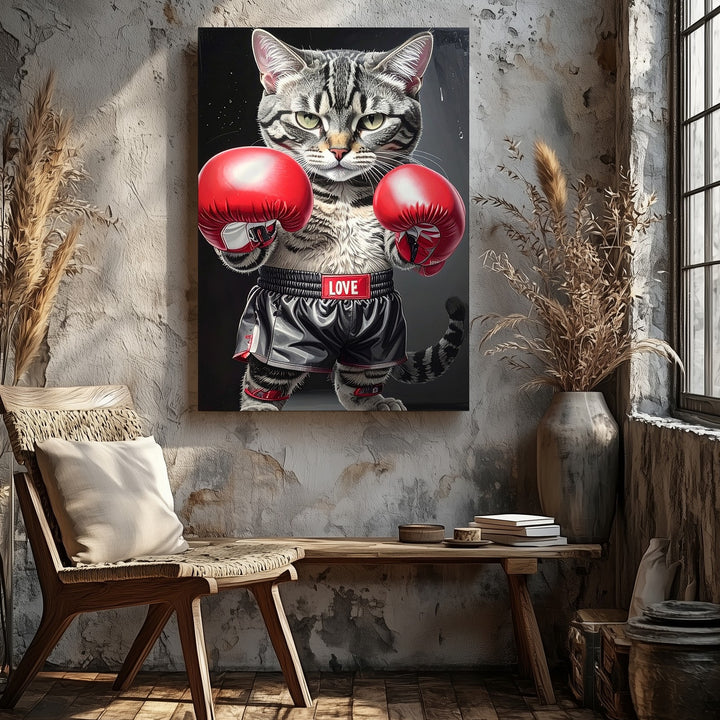 Boxer Cat Canvas – Funny Gray Tabby in Red Gloves Wall Art - Gifitto