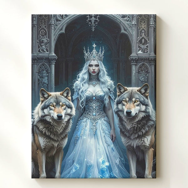 Ice Queen & Wolves Canvas – Dark Fantasy Royalty and Fierce Guardians - Gifitto