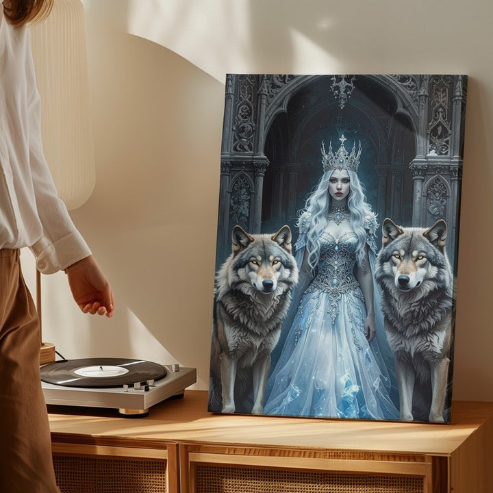 Ice Queen & Wolves Canvas – Dark Fantasy Royalty and Fierce Guardians - Gifitto